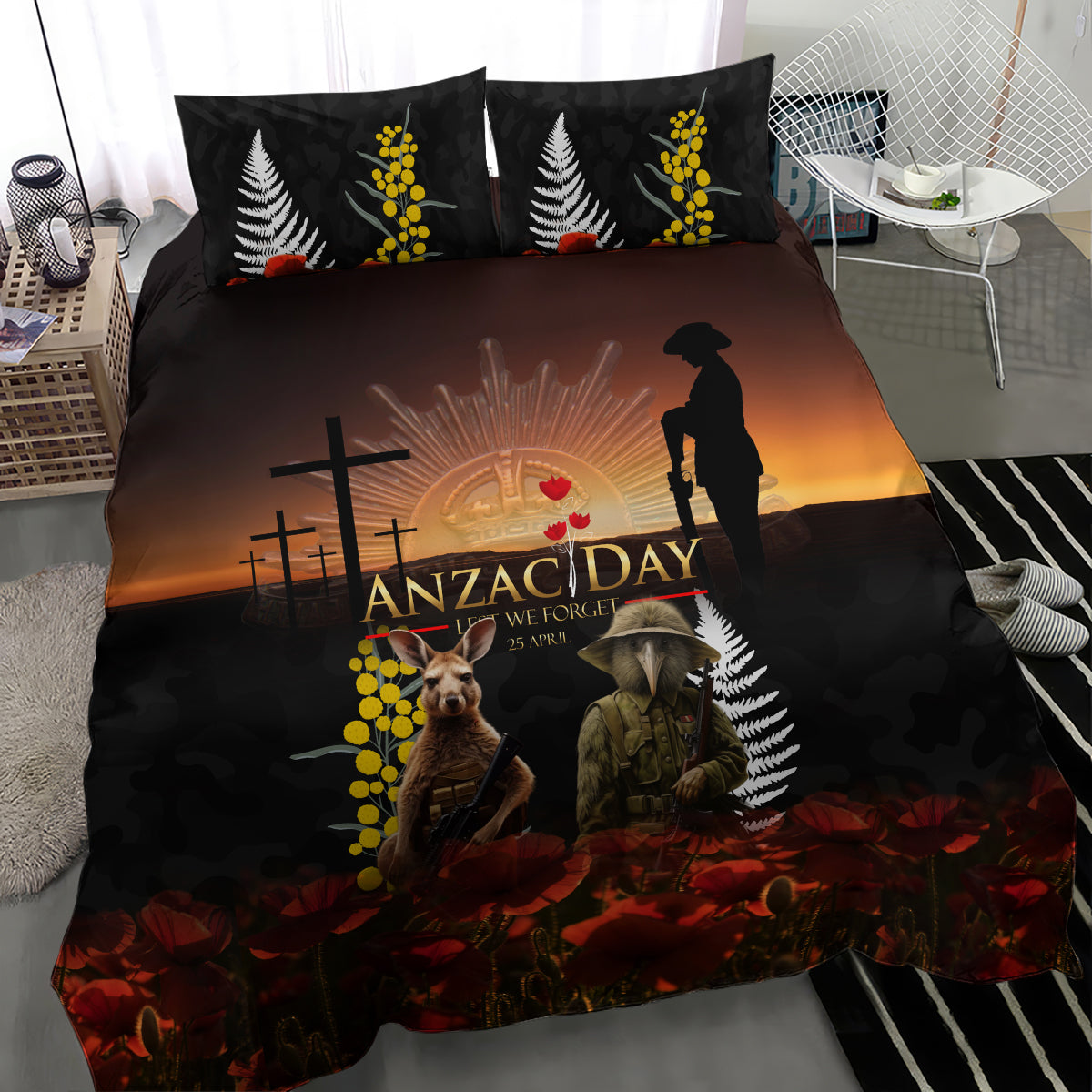 New Zealand and Australia ANZAC Day Bedding Set Kiwi Bird and Kangaroo Soldier