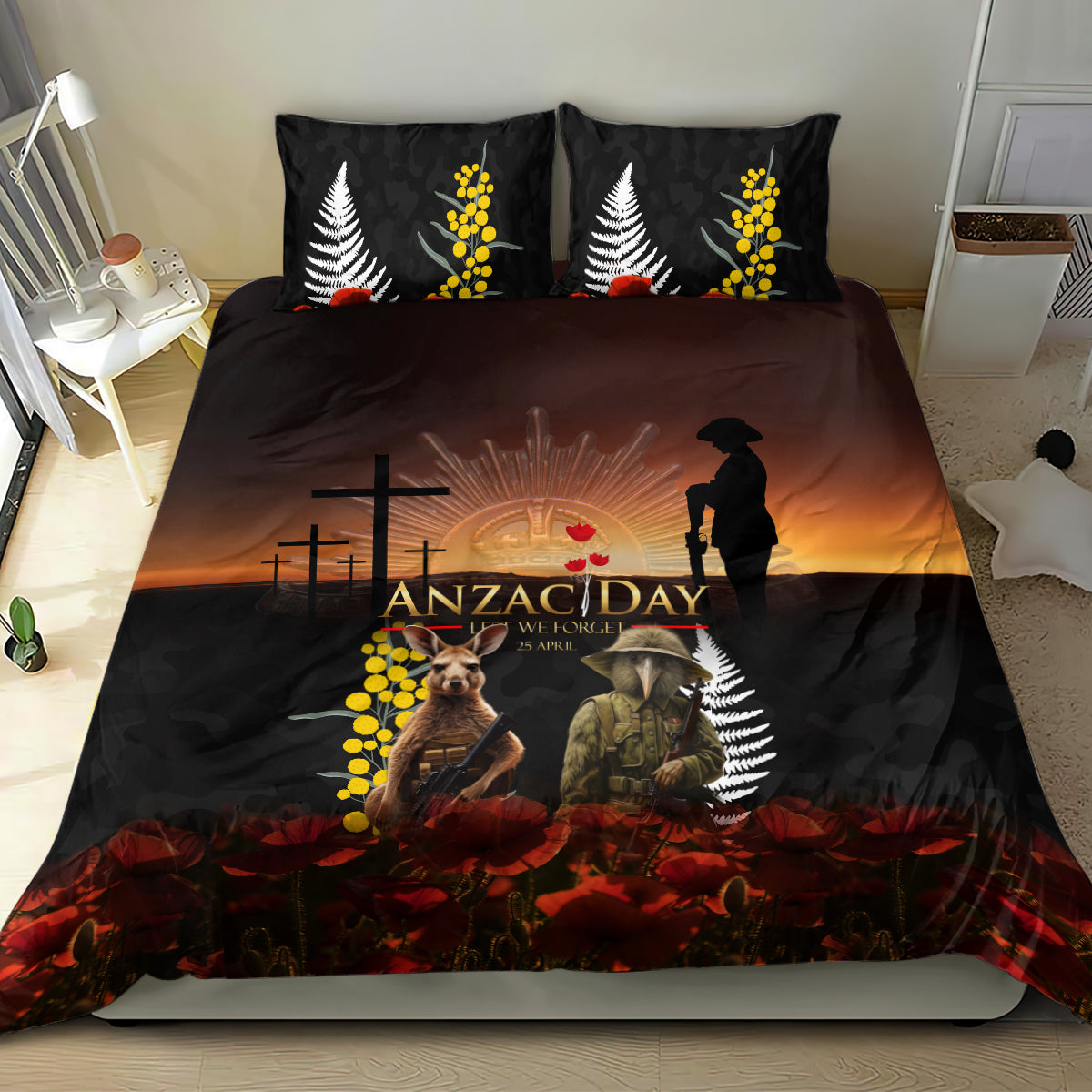 New Zealand and Australia ANZAC Day Bedding Set Kiwi Bird and Kangaroo Soldier
