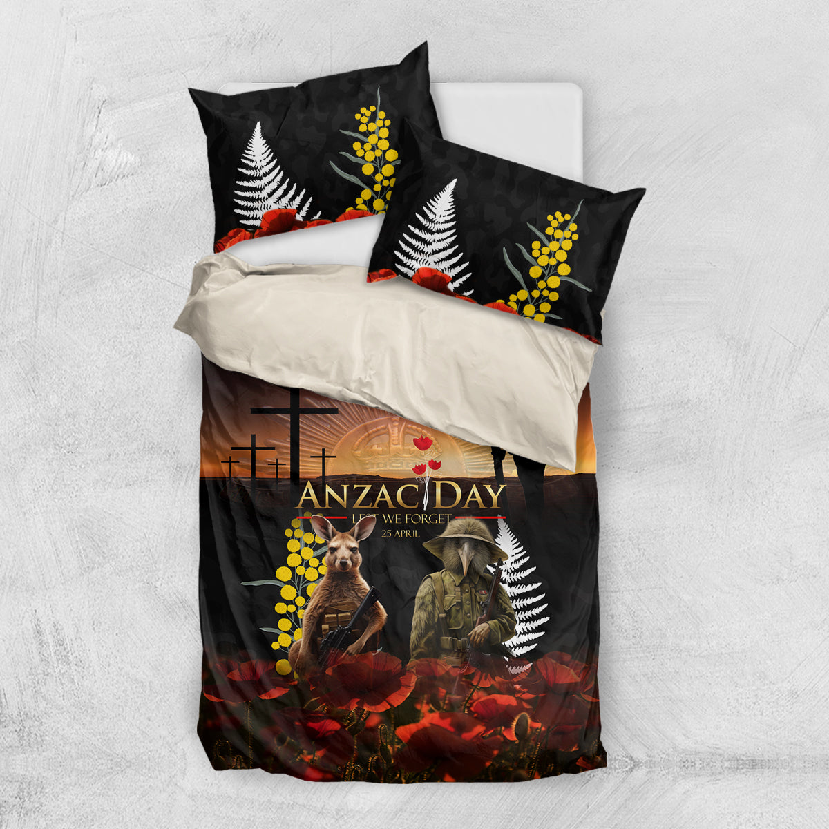 New Zealand and Australia ANZAC Day Bedding Set Kiwi Bird and Kangaroo Soldier