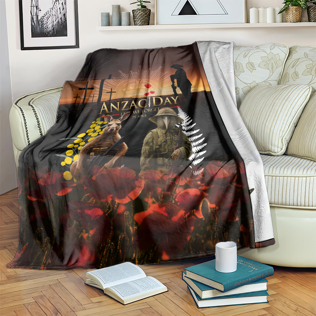 New Zealand and Australia ANZAC Day Blanket Kiwi Bird and Kangaroo Soldier