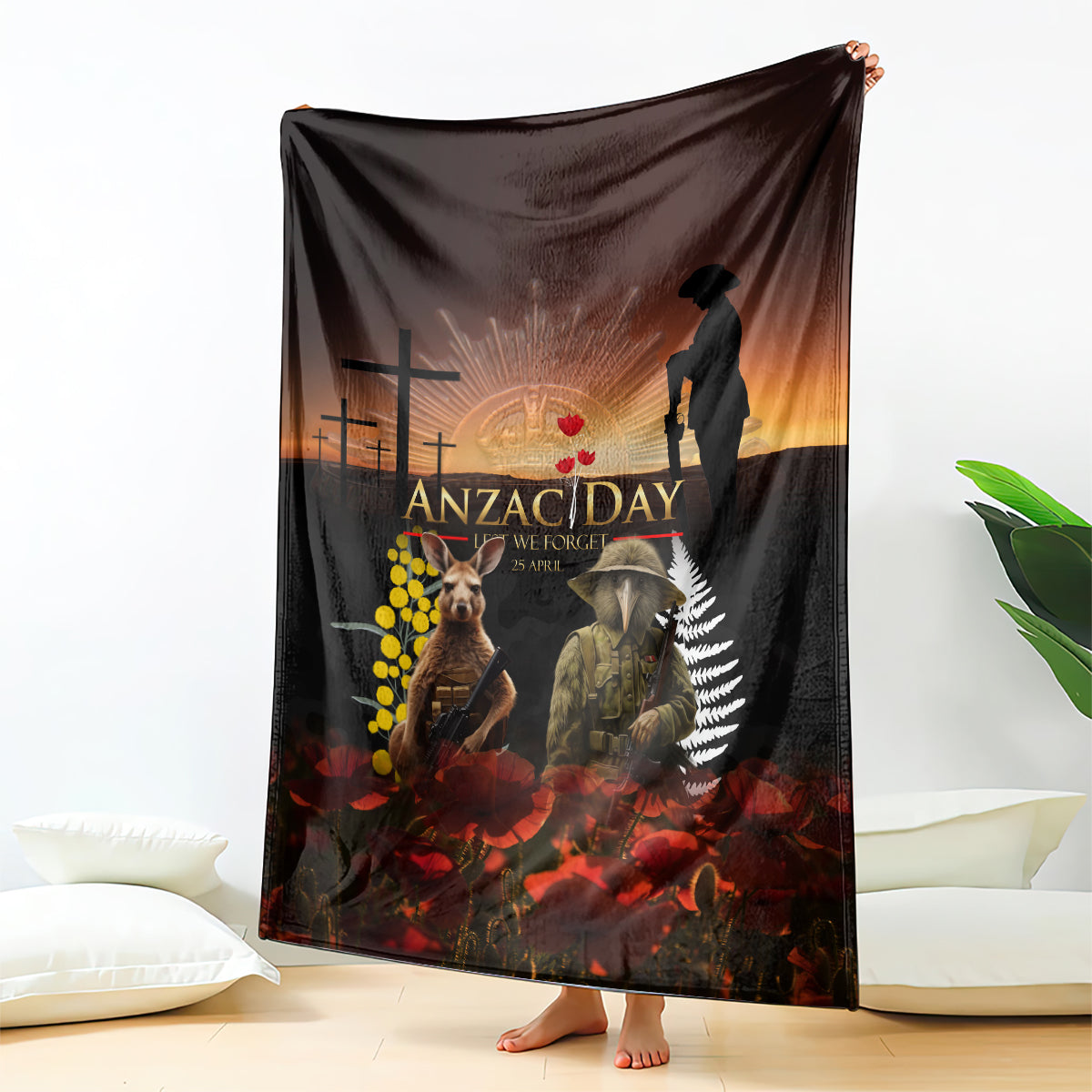 New Zealand and Australia ANZAC Day Blanket Kiwi Bird and Kangaroo Soldier