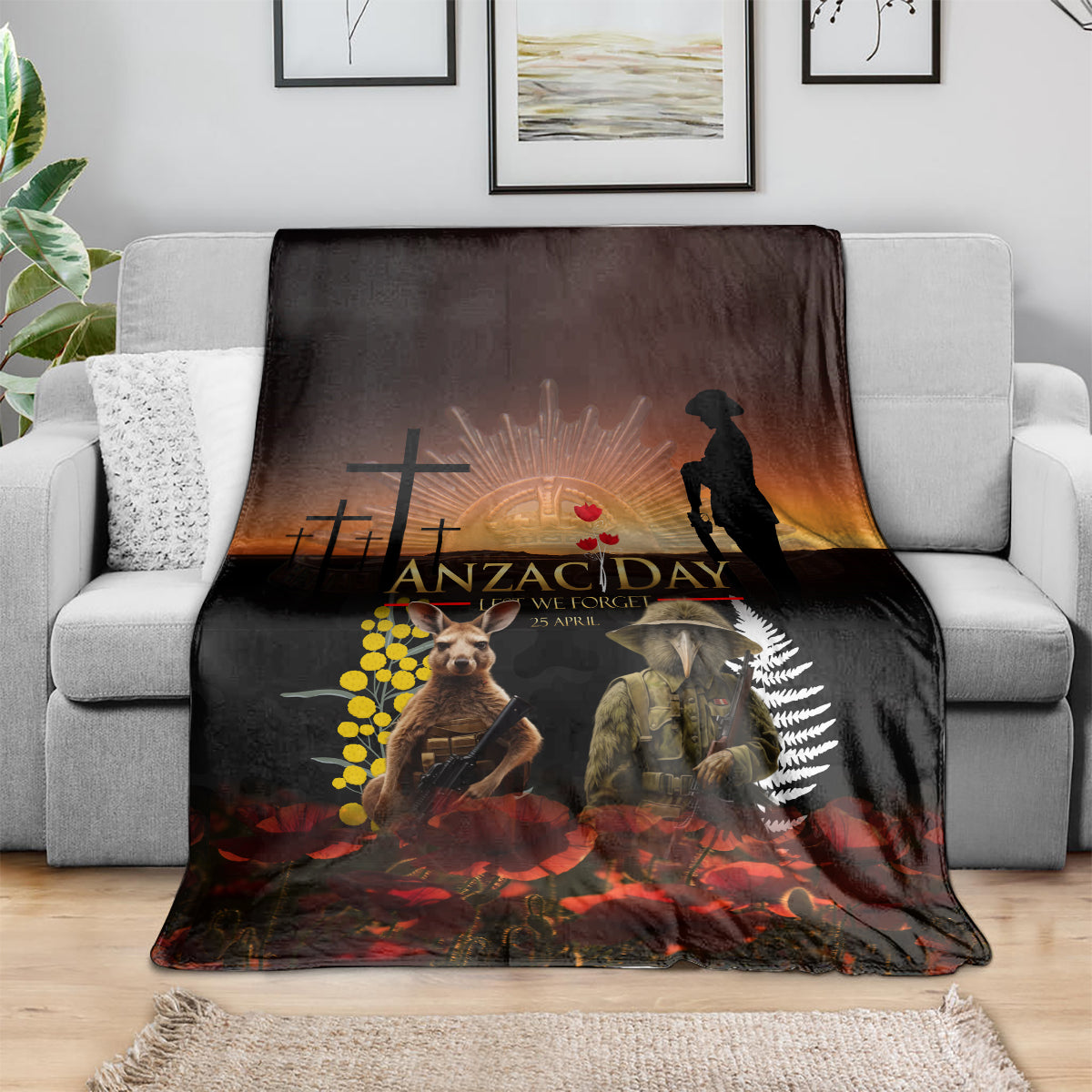 New Zealand and Australia ANZAC Day Blanket Kiwi Bird and Kangaroo Soldier