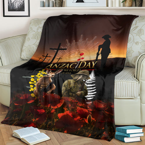 New Zealand and Australia ANZAC Day Blanket Kiwi Bird and Kangaroo Soldier
