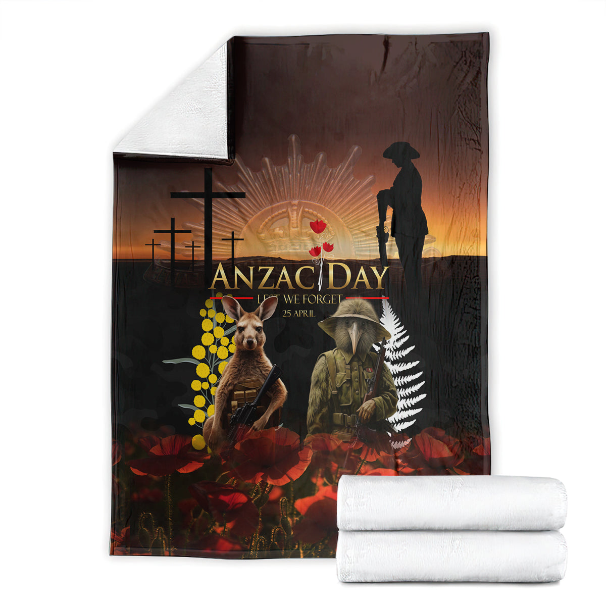 New Zealand and Australia ANZAC Day Blanket Kiwi Bird and Kangaroo Soldier