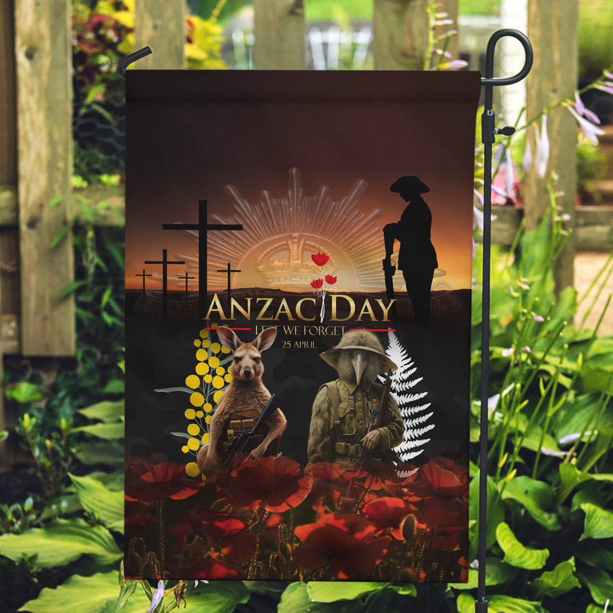 New Zealand and Australia ANZAC Day Garden Flag Kiwi Bird and Kangaroo Soldier