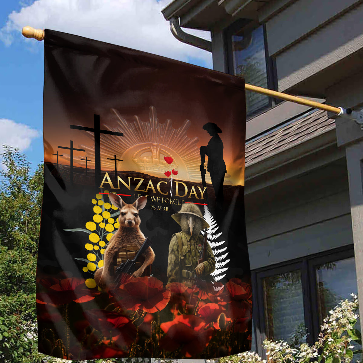 New Zealand and Australia ANZAC Day Garden Flag Kiwi Bird and Kangaroo Soldier