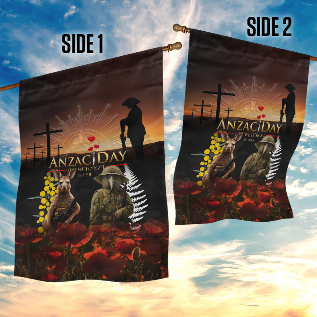 New Zealand and Australia ANZAC Day Garden Flag Kiwi Bird and Kangaroo Soldier