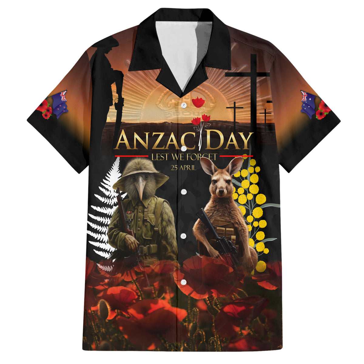New Zealand and Australia ANZAC Day Hawaiian Shirt Kiwi Bird and Kangaroo Soldier