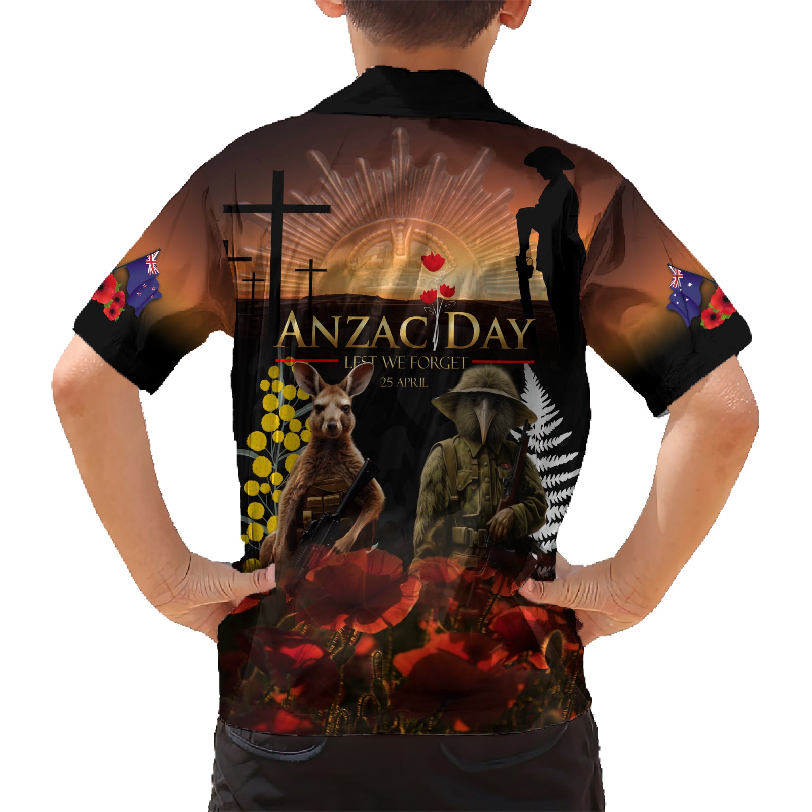 New Zealand and Australia ANZAC Day Hawaiian Shirt Kiwi Bird and Kangaroo Soldier