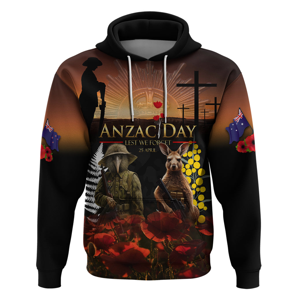 New Zealand and Australia ANZAC Day Hoodie Kiwi Bird and Kangaroo Soldier