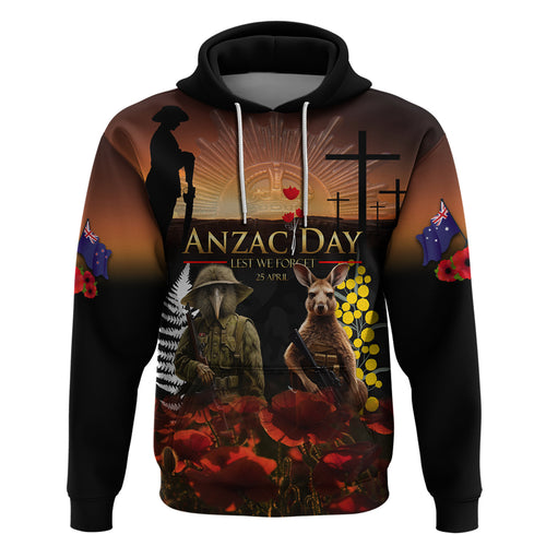 New Zealand and Australia ANZAC Day Hoodie Kiwi Bird and Kangaroo Soldier