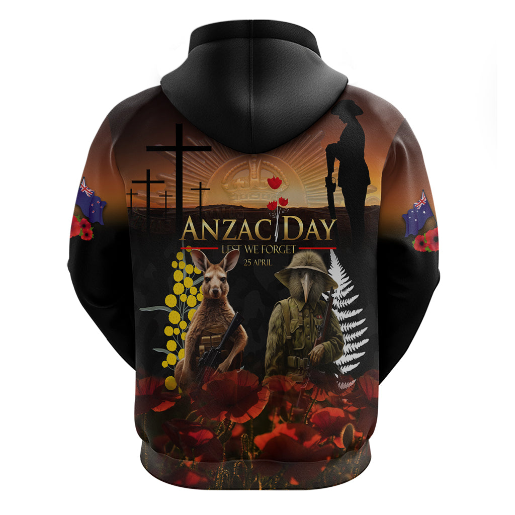 New Zealand and Australia ANZAC Day Hoodie Kiwi Bird and Kangaroo Soldier