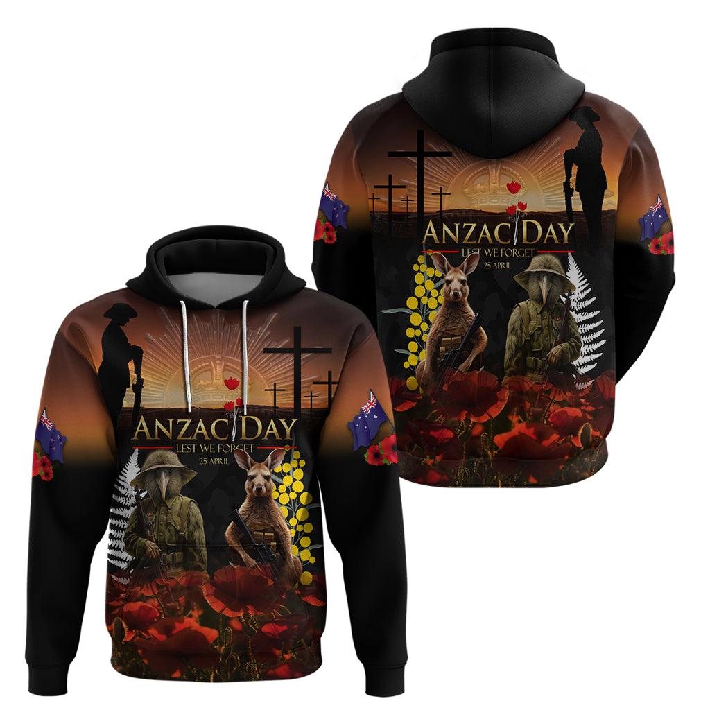 New Zealand and Australia ANZAC Day Hoodie Kiwi Bird and Kangaroo Soldier