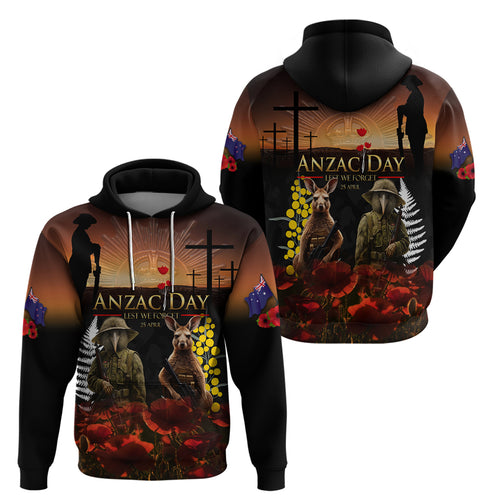 New Zealand and Australia ANZAC Day Hoodie Kiwi Bird and Kangaroo Soldier