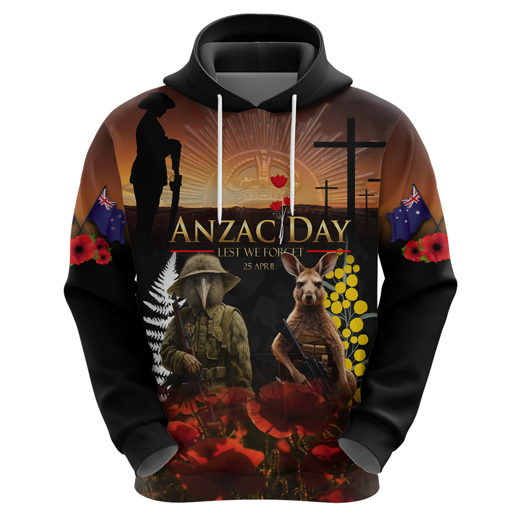 New Zealand and Australia ANZAC Day Hoodie Kiwi Bird and Kangaroo Soldier