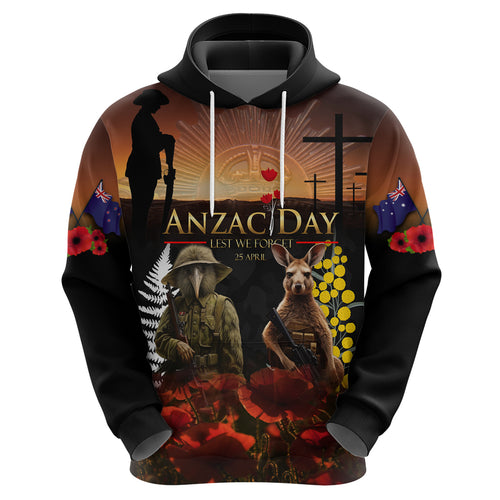 New Zealand and Australia ANZAC Day Hoodie Kiwi Bird and Kangaroo Soldier