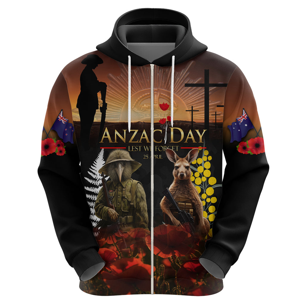 New Zealand and Australia ANZAC Day Hoodie Kiwi Bird and Kangaroo Soldier