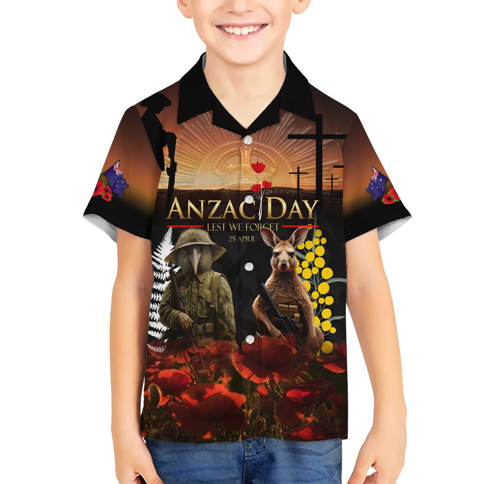 New Zealand and Australia ANZAC Day Kid Hawaiian Shirt Kiwi Bird and Kangaroo Soldier