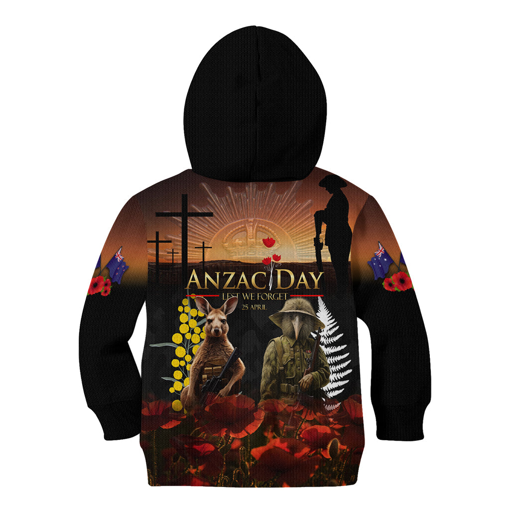 New Zealand and Australia ANZAC Day Kid Hoodie Kiwi Bird and Kangaroo Soldier