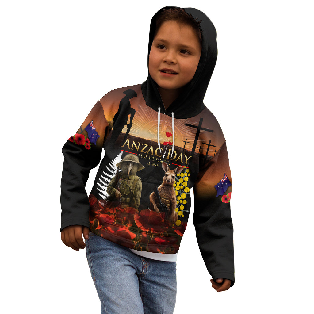 New Zealand and Australia ANZAC Day Kid Hoodie Kiwi Bird and Kangaroo Soldier