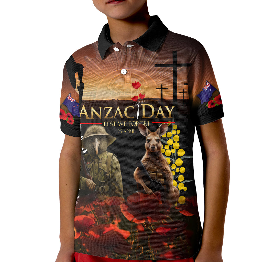 New Zealand and Australia ANZAC Day Kid Polo Shirt Kiwi Bird and Kangaroo Soldier