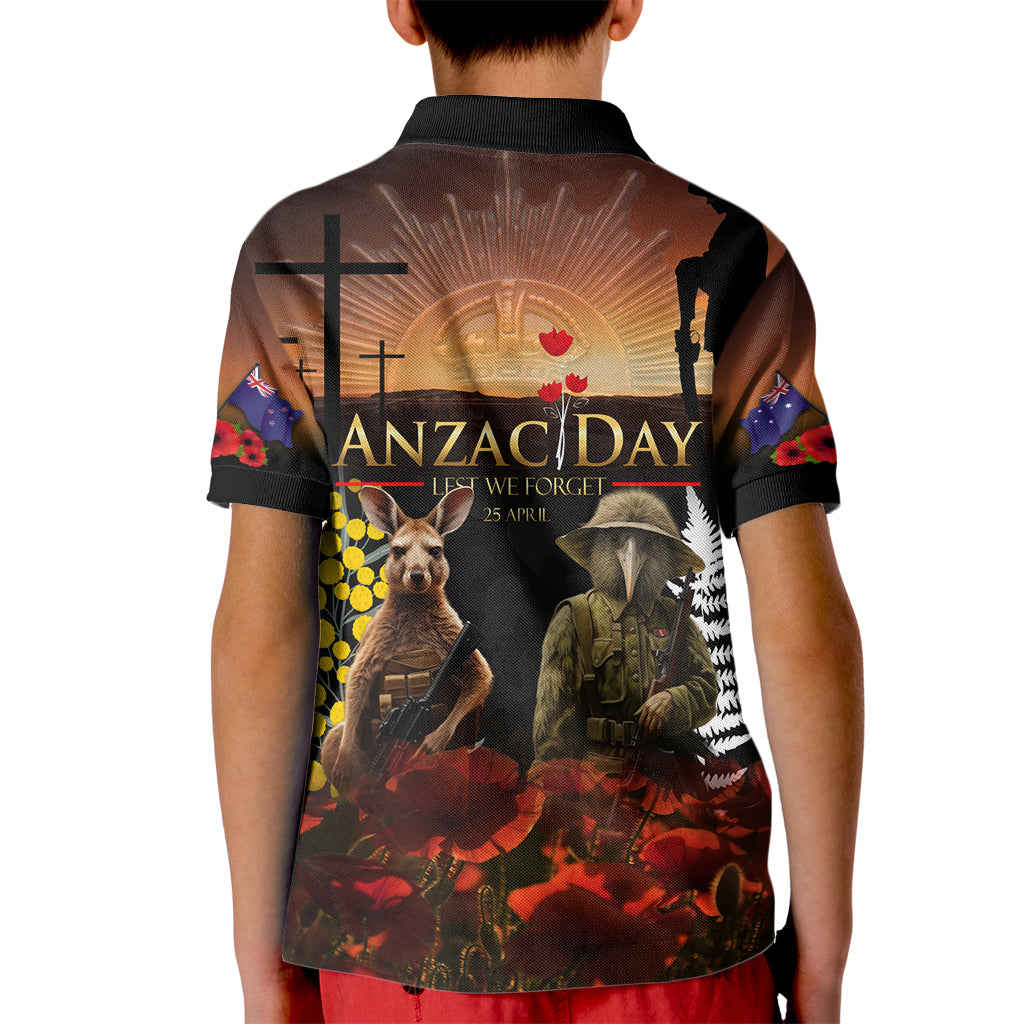 New Zealand and Australia ANZAC Day Kid Polo Shirt Kiwi Bird and Kangaroo Soldier