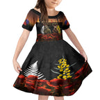 New Zealand and Australia ANZAC Day Kid Short Sleeve Dress Kiwi Bird and Kangaroo Soldier