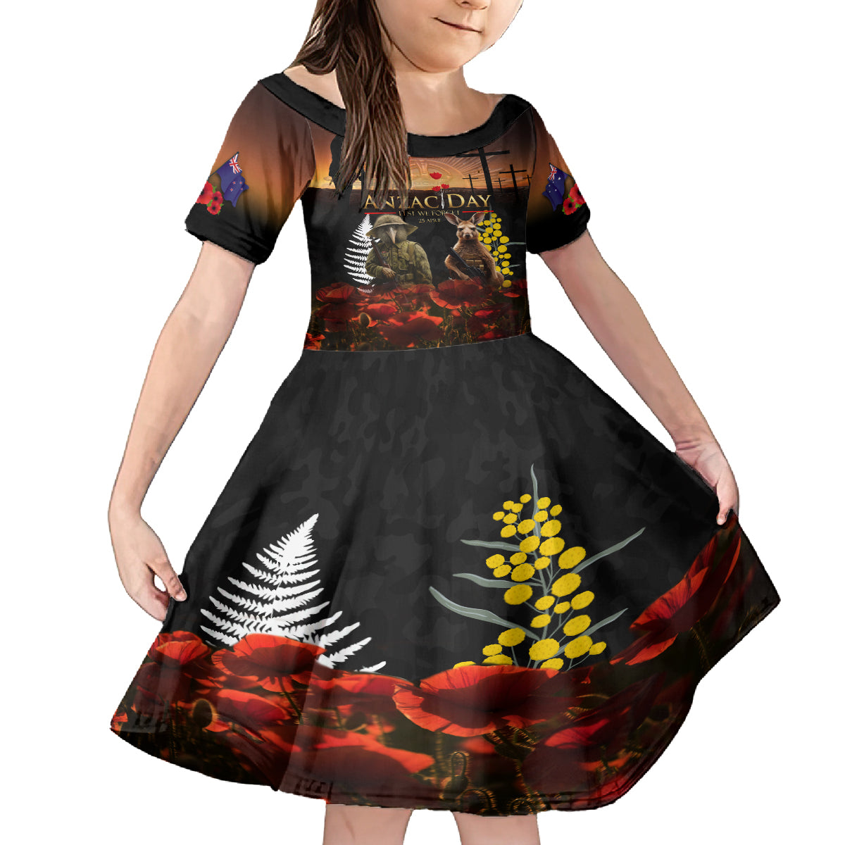 New Zealand and Australia ANZAC Day Kid Short Sleeve Dress Kiwi Bird and Kangaroo Soldier