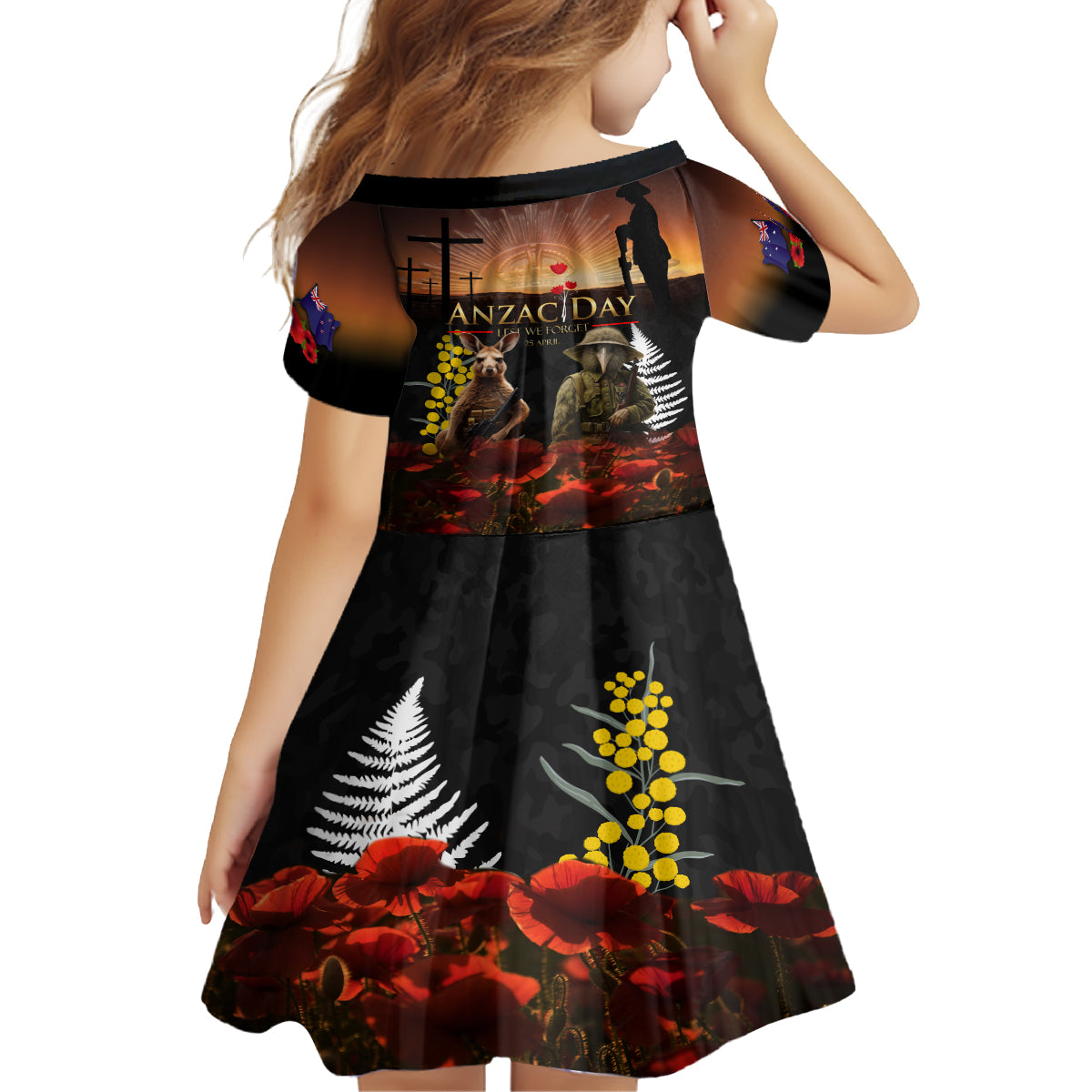 New Zealand and Australia ANZAC Day Kid Short Sleeve Dress Kiwi Bird and Kangaroo Soldier