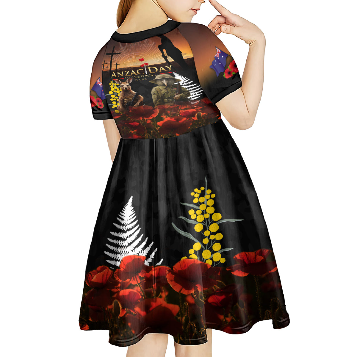 New Zealand and Australia ANZAC Day Kid Short Sleeve Dress Kiwi Bird and Kangaroo Soldier