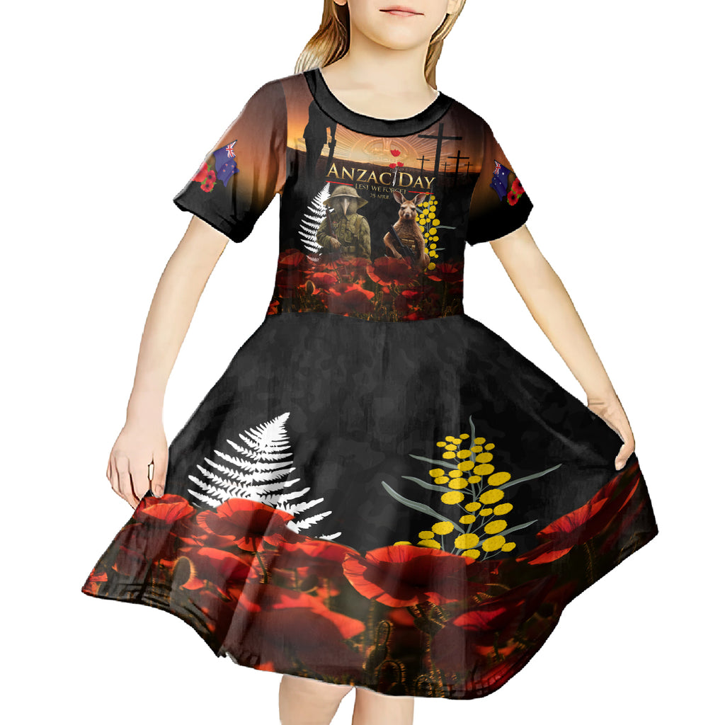 New Zealand and Australia ANZAC Day Kid Short Sleeve Dress Kiwi Bird and Kangaroo Soldier
