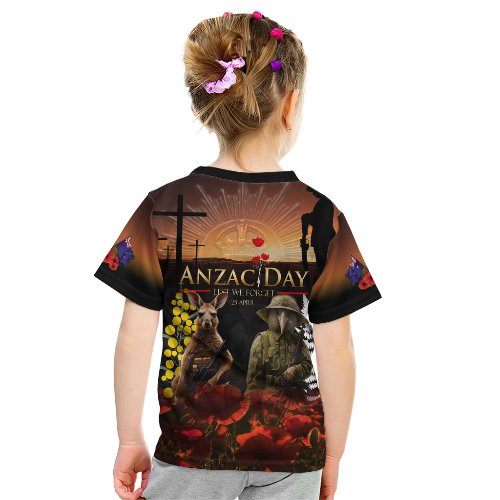 New Zealand and Australia ANZAC Day Kid T Shirt Kiwi Bird and Kangaroo Soldier