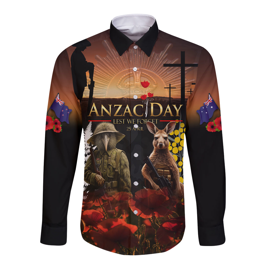 New Zealand and Australia ANZAC Day Long Sleeve Button Shirt Kiwi Bird and Kangaroo Soldier