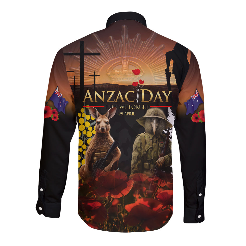 New Zealand and Australia ANZAC Day Long Sleeve Button Shirt Kiwi Bird and Kangaroo Soldier
