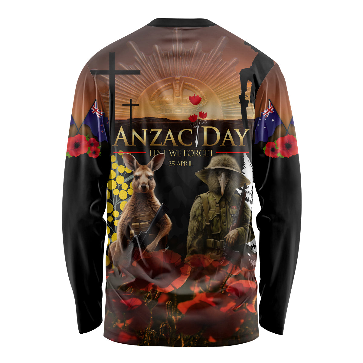 New Zealand and Australia ANZAC Day Long Sleeve Shirt Kiwi Bird and Kangaroo Soldier