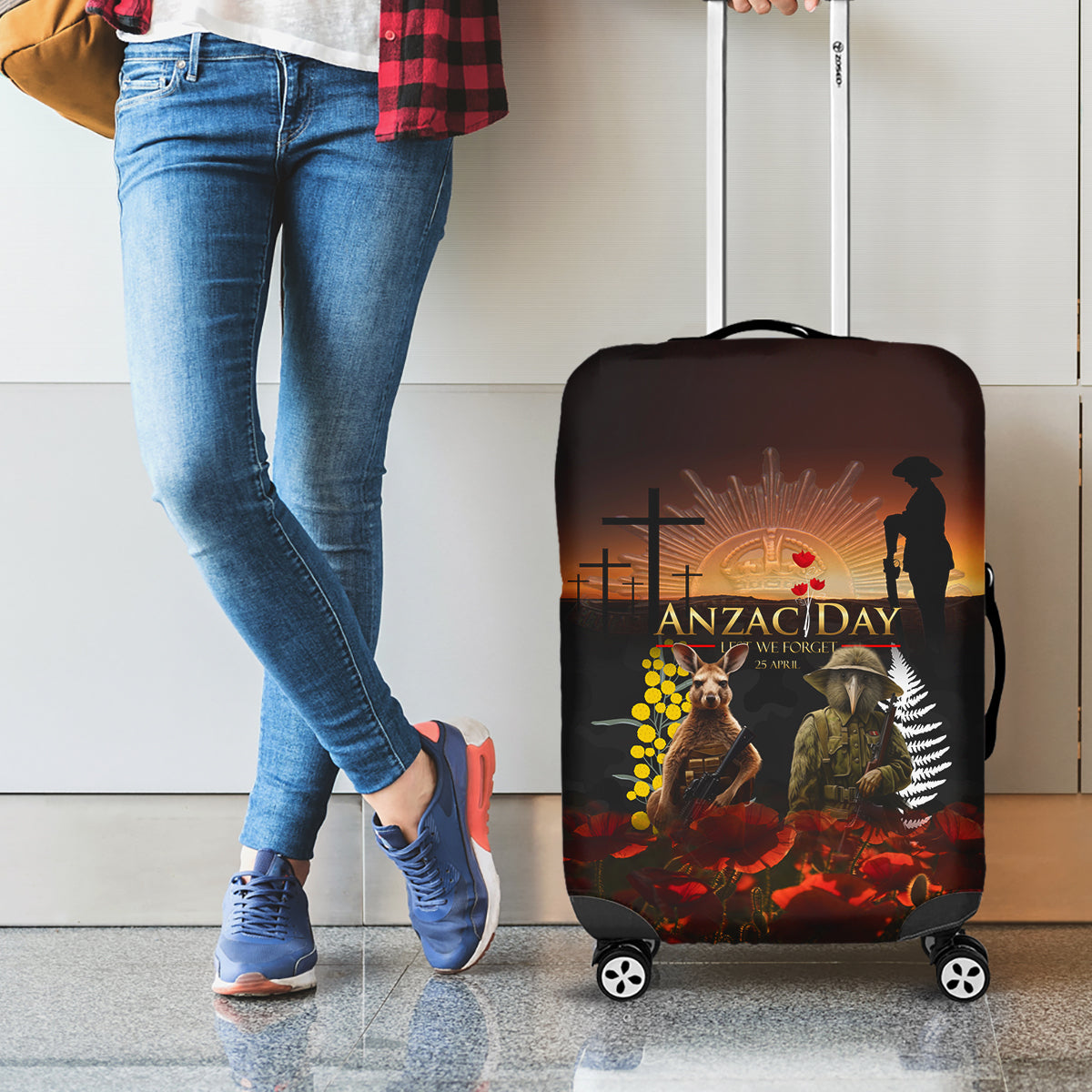 New Zealand and Australia ANZAC Day Luggage Cover Kiwi Bird and Kangaroo Soldier