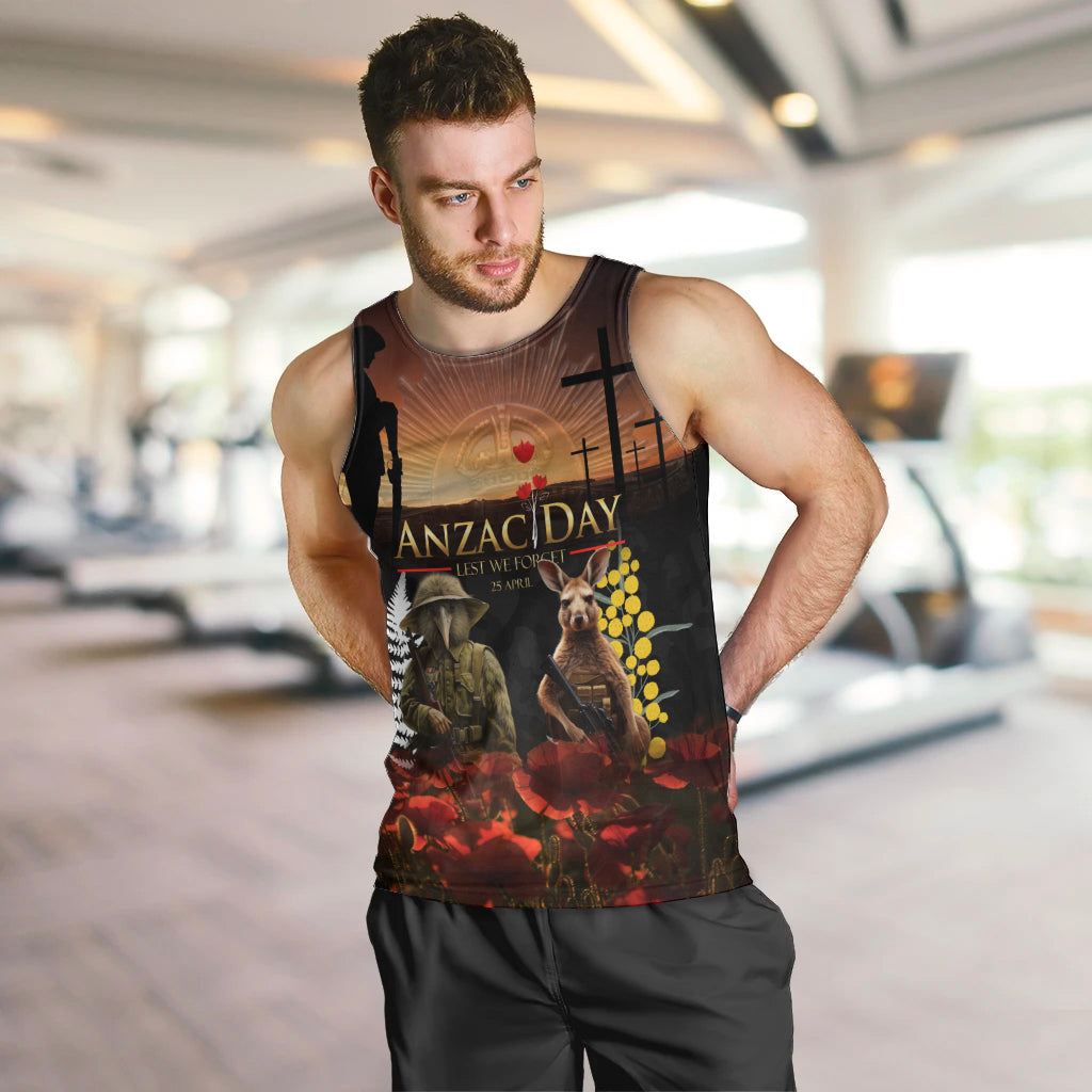 New Zealand and Australia ANZAC Day Men Tank Top Kiwi Bird and Kangaroo Soldier