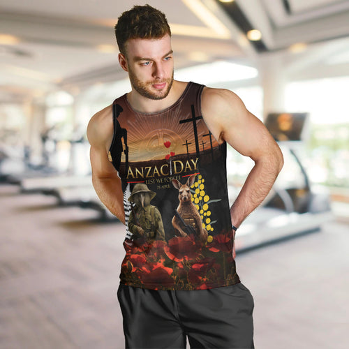 New Zealand and Australia ANZAC Day Men Tank Top Kiwi Bird and Kangaroo Soldier