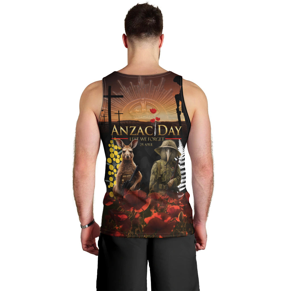 New Zealand and Australia ANZAC Day Men Tank Top Kiwi Bird and Kangaroo Soldier