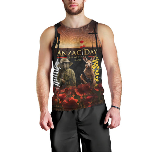 New Zealand and Australia ANZAC Day Men Tank Top Kiwi Bird and Kangaroo Soldier