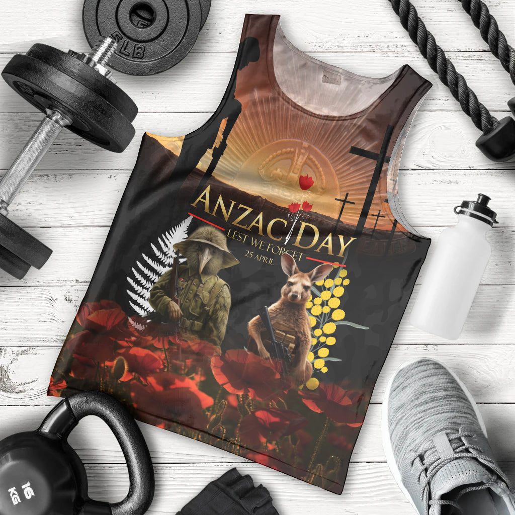 New Zealand and Australia ANZAC Day Men Tank Top Kiwi Bird and Kangaroo Soldier