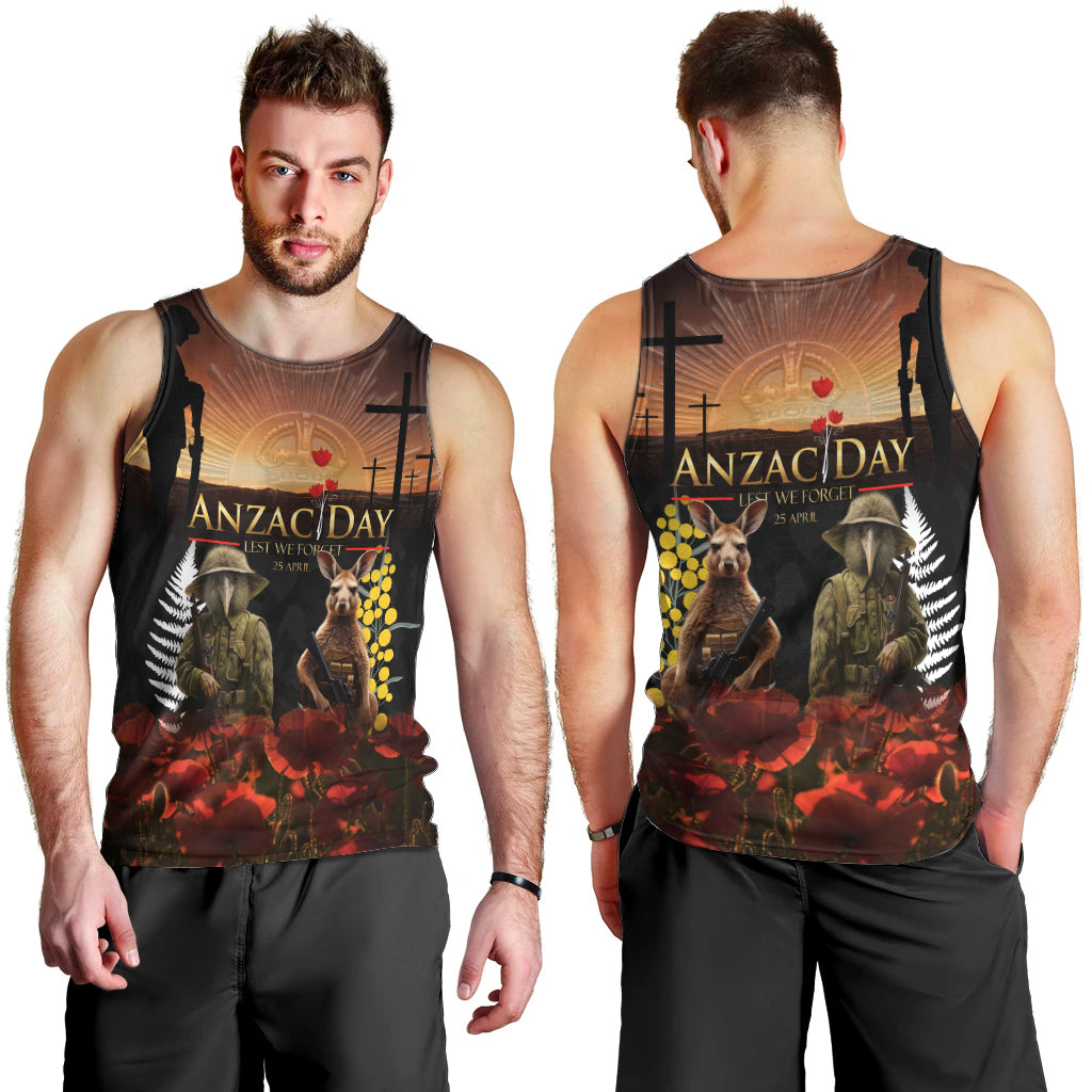 New Zealand and Australia ANZAC Day Men Tank Top Kiwi Bird and Kangaroo Soldier