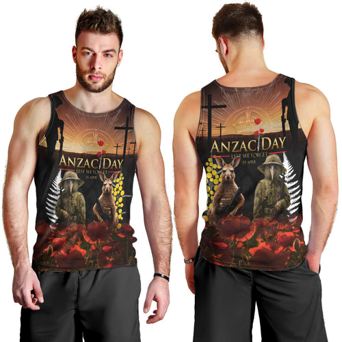 New Zealand and Australia ANZAC Day Men Tank Top Kiwi Bird and Kangaroo Soldier