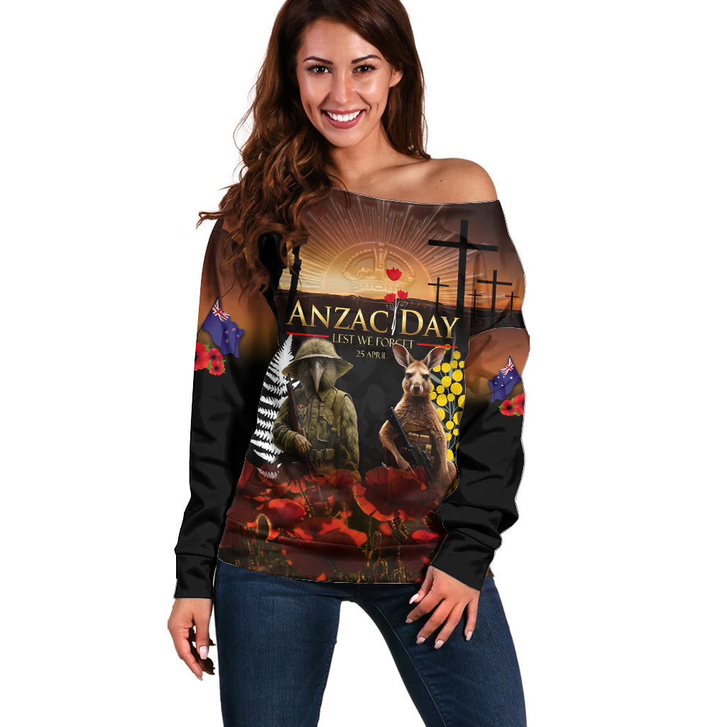 New Zealand and Australia ANZAC Day Off Shoulder Sweater Kiwi Bird and Kangaroo Soldier
