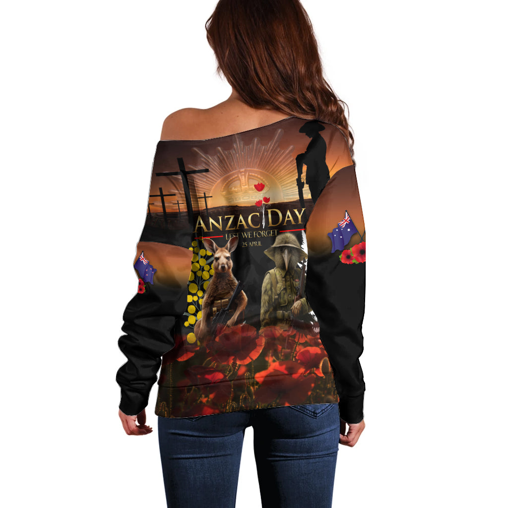 New Zealand and Australia ANZAC Day Off Shoulder Sweater Kiwi Bird and Kangaroo Soldier
