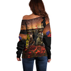New Zealand and Australia ANZAC Day Off Shoulder Sweater Kiwi Bird and Kangaroo Soldier