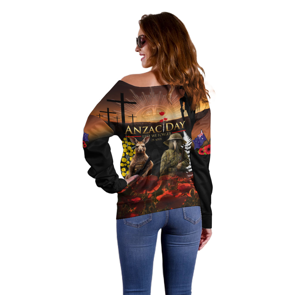 New Zealand and Australia ANZAC Day Off Shoulder Sweater Kiwi Bird and Kangaroo Soldier