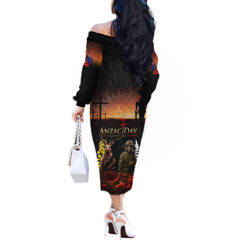 New Zealand and Australia ANZAC Day Off The Shoulder Long Sleeve Dress Kiwi Bird and Kangaroo Soldier