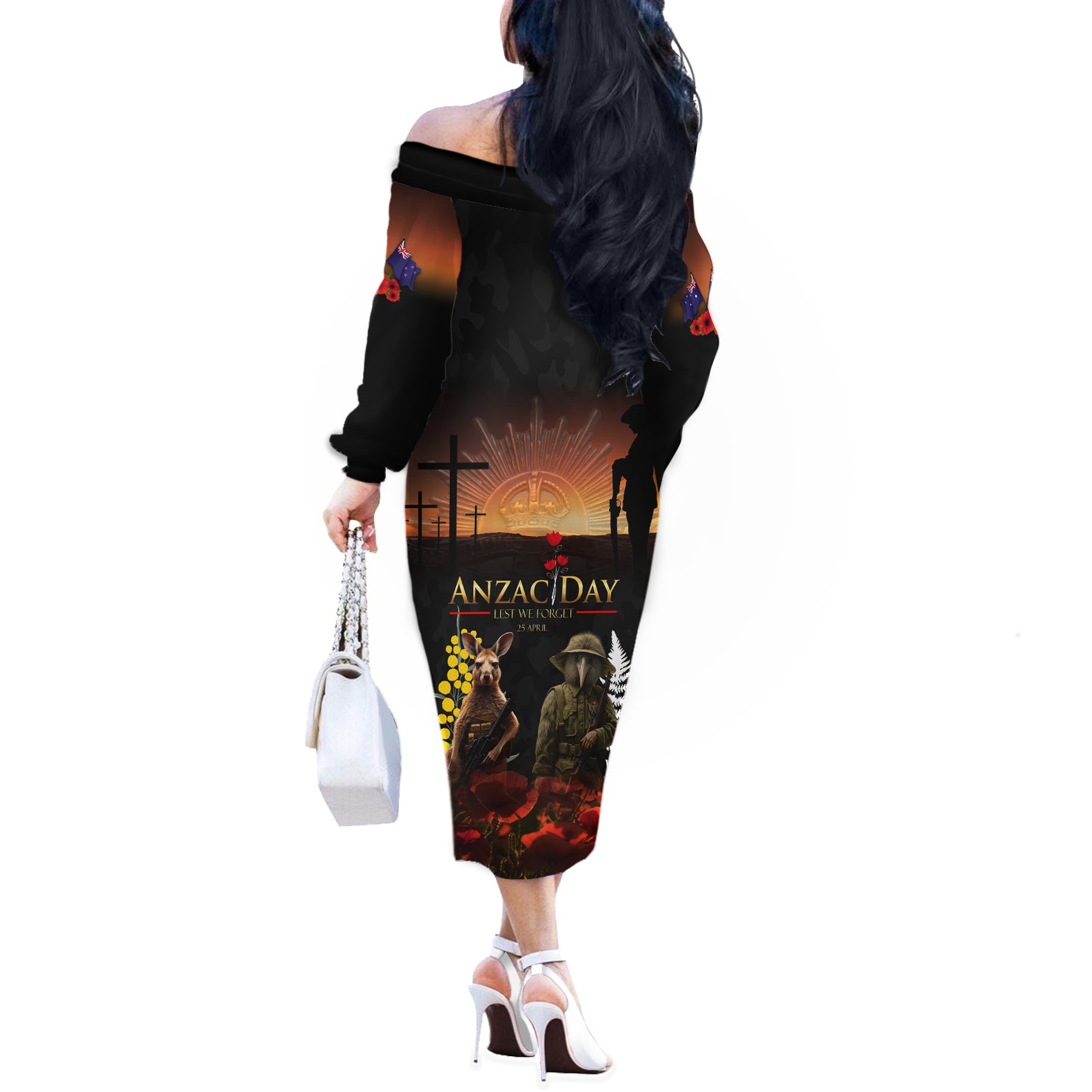 New Zealand and Australia ANZAC Day Off The Shoulder Long Sleeve Dress Kiwi Bird and Kangaroo Soldier