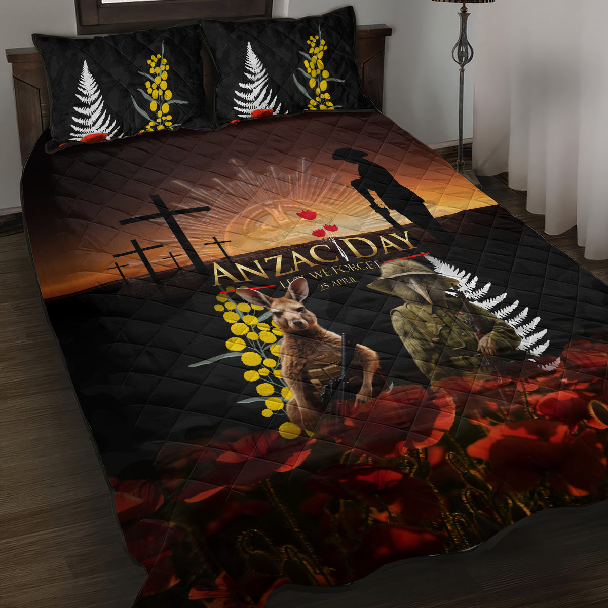 New Zealand and Australia ANZAC Day Quilt Bed Set Kiwi Bird and Kangaroo Soldier